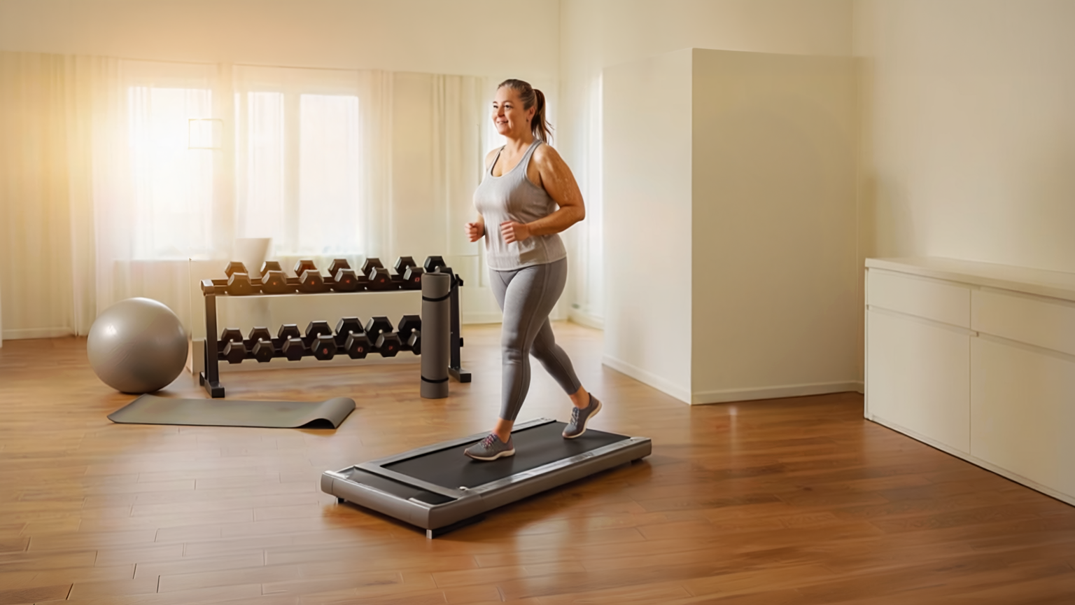 Woman in her late 40s walking on an underdesk walking pad in a bright home space, earbuds in, phone in hand