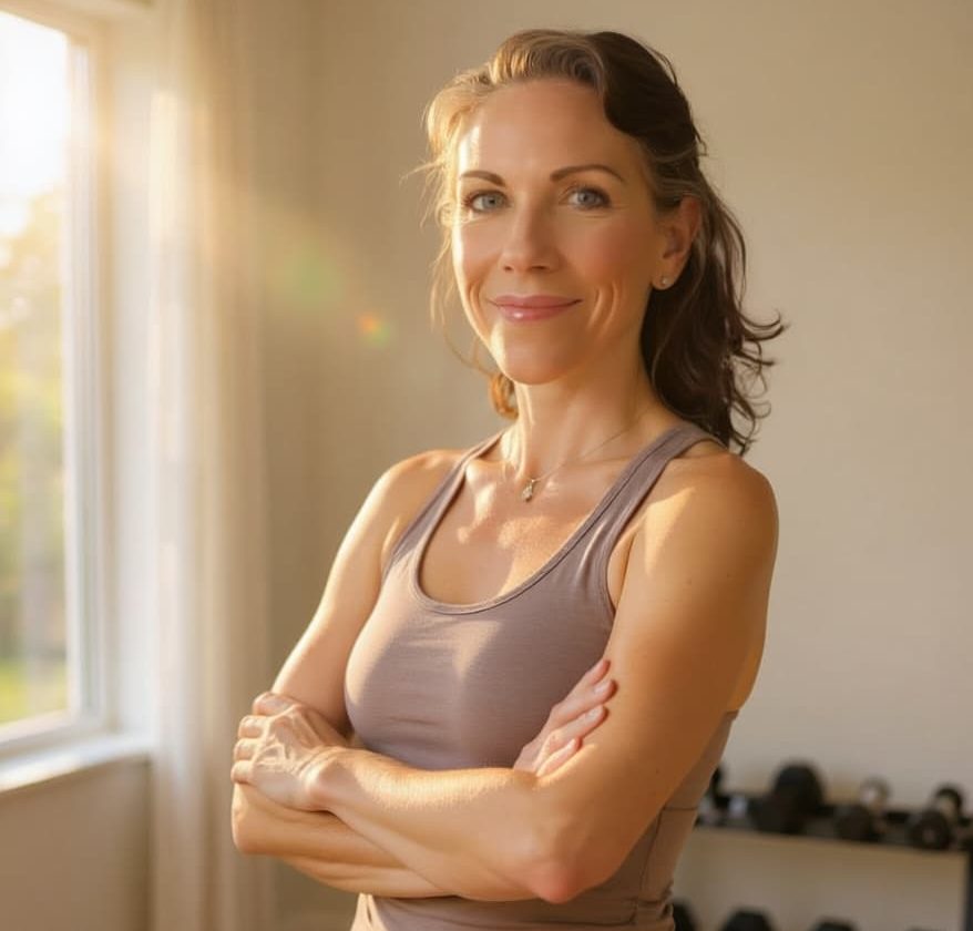 Deb Simpson, NASM Certified Personal Trainer, standing in her home gym with arms crossed