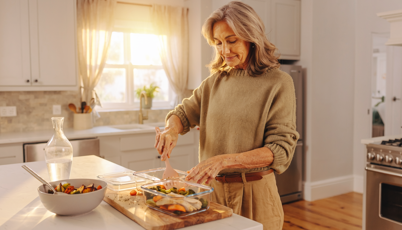 Woman over 40 portioning a high-protein high-fiber meal into a glass meal-prep container in her kitchen