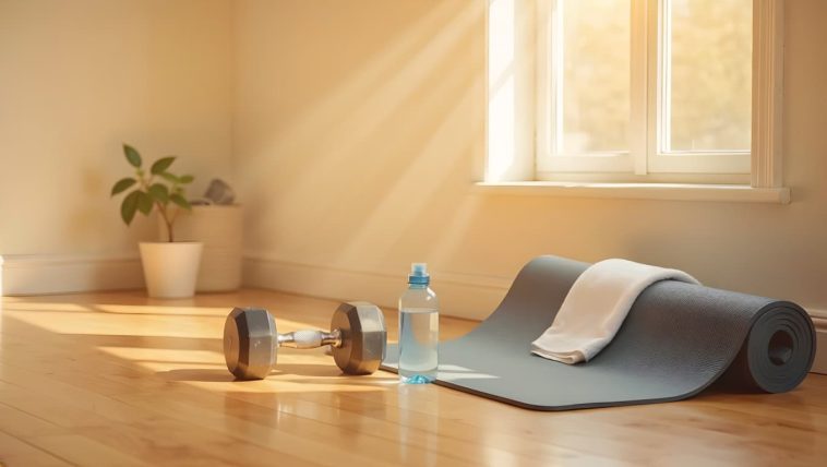 Bright converted home gym with dumbbell and exercise mat on hardwood floor