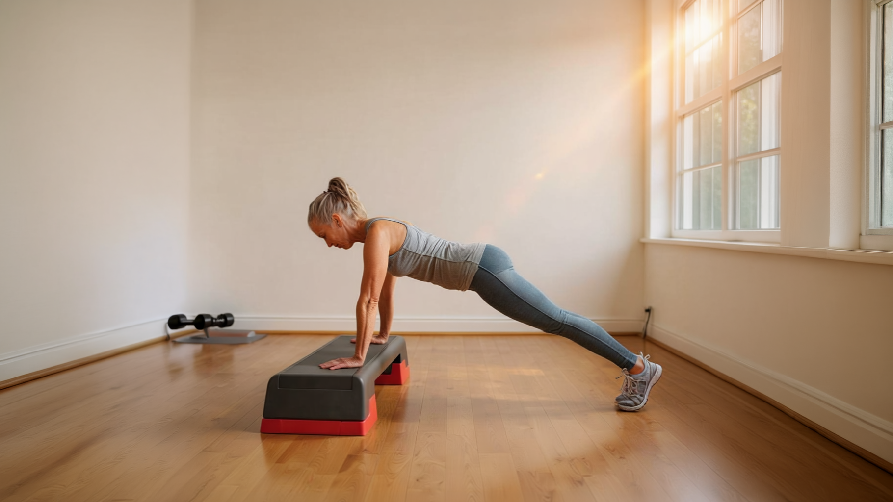 Woman in her late 40s performing an incline push-up with hands on a plyo box, straight line from shoulders to ankles