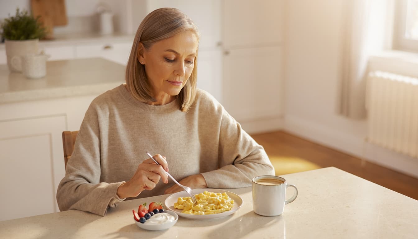 Woman in her late 40s seated at a kitchen table with a protein-forward breakfast — scrambled eggs, Greek yogurt with berries, and coffee