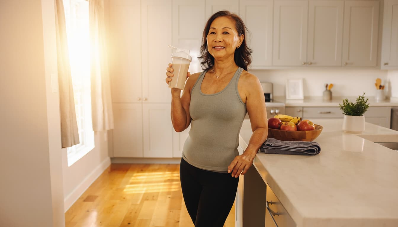 oman in her 40s holding a protein shake in her home kitchen