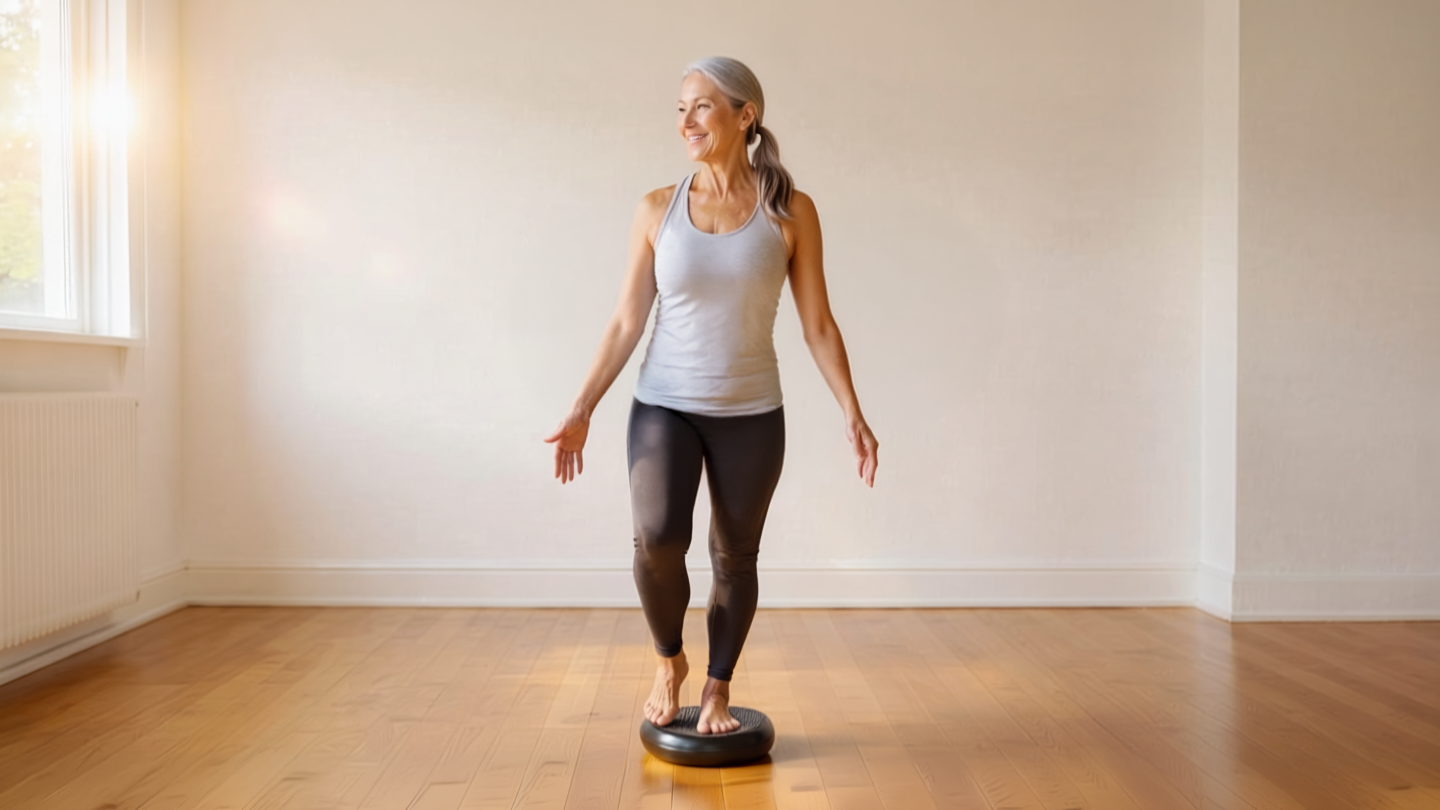 Woman over 40 balancing on one leg on a stability disc in a home gym