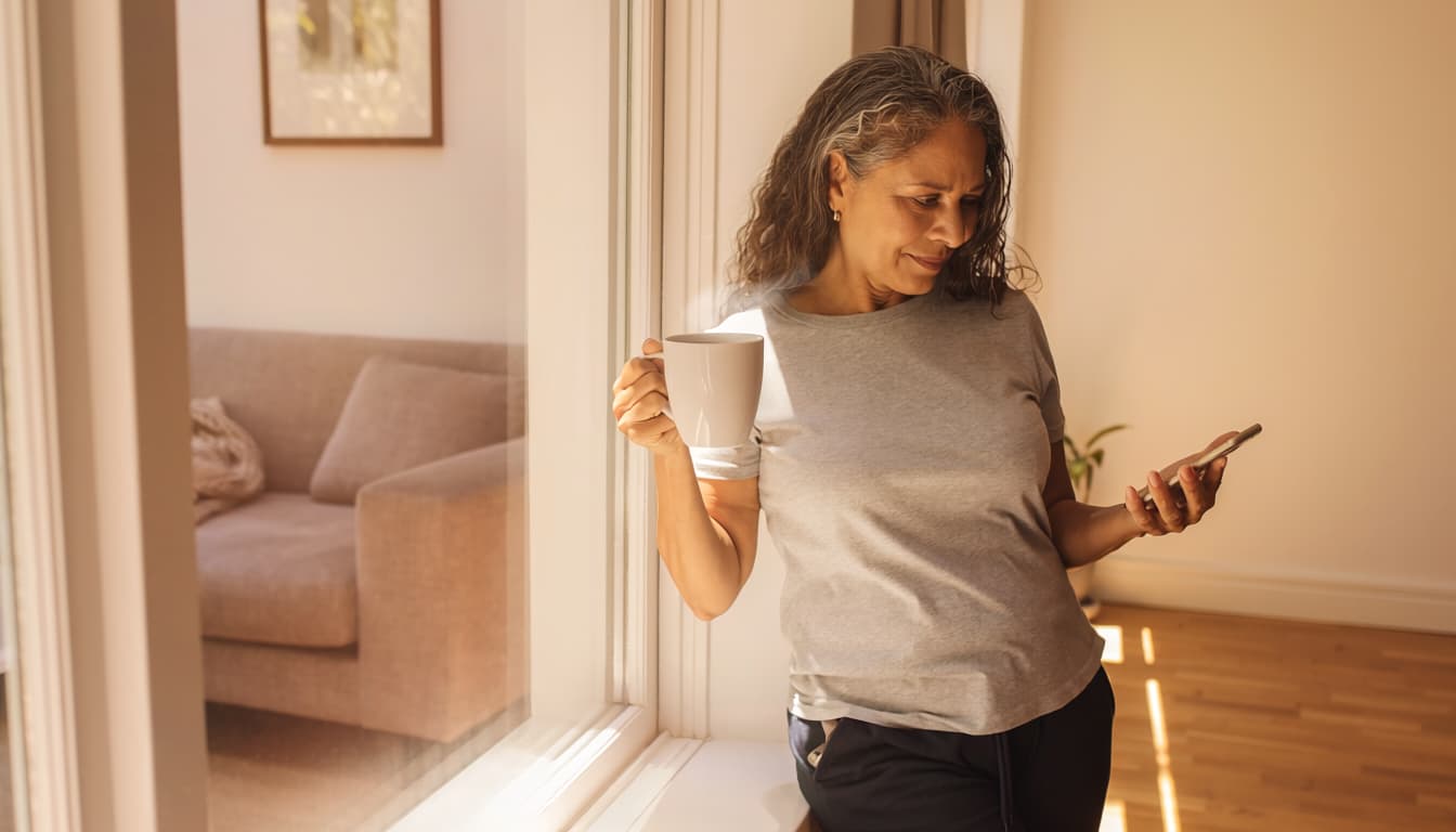 Woman in her late 40s standing in a living room with morning coffee, looking at her phone — searching for answers about weight loss after 40.