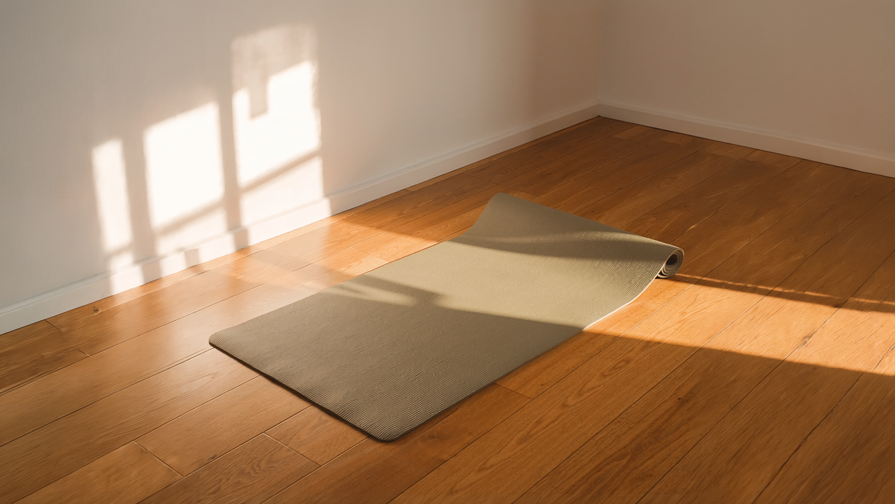 Rolled yoga mat on a hardwood floor in a sunlit home gym